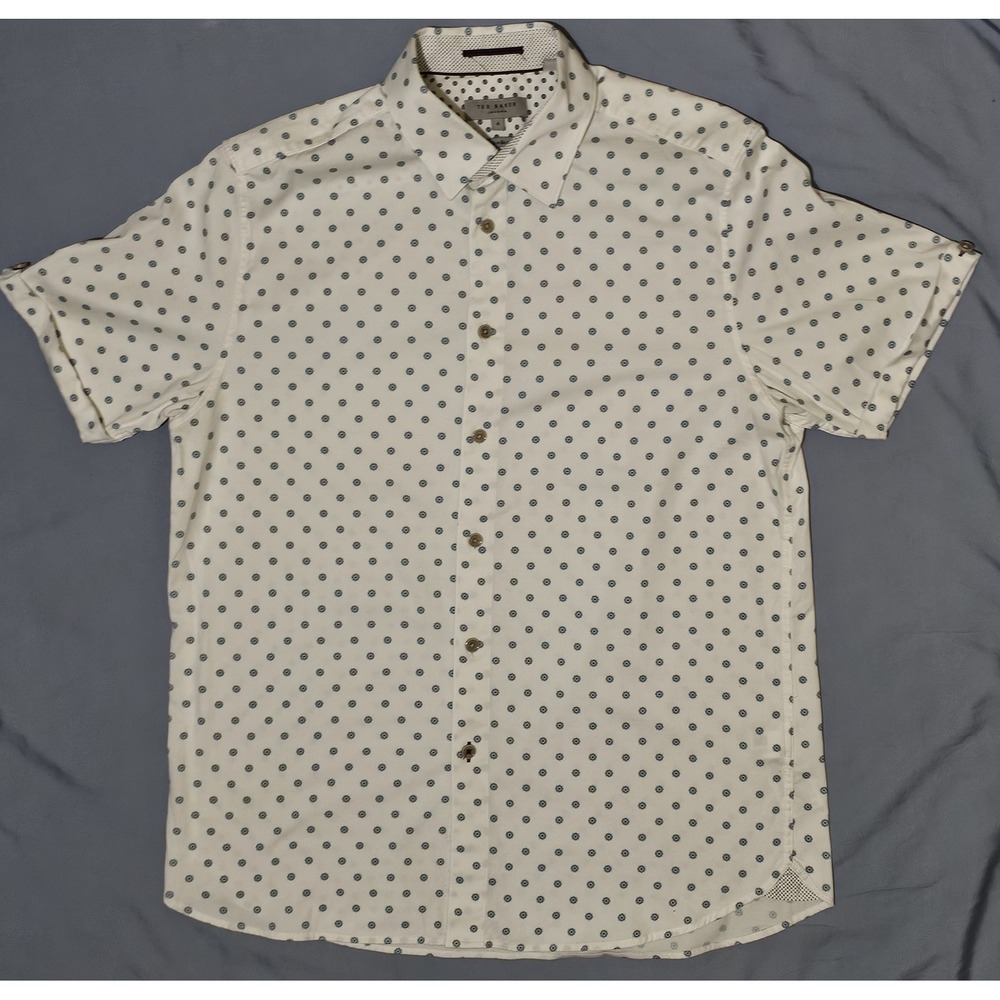 Ted Baker Shirt Mens Sz 4 White Blue Geometric Short Sleeve Button Up Casual